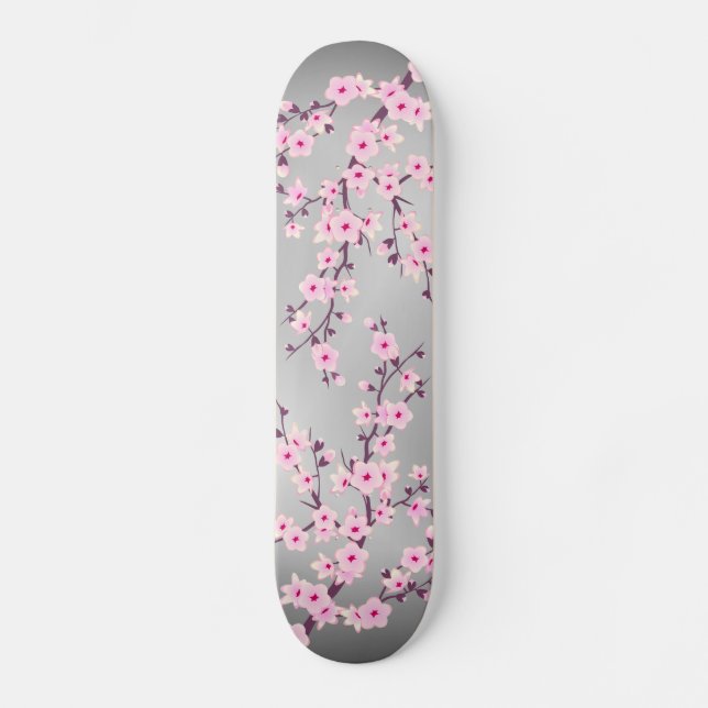 Cherry Blossom Grau Pink Asia Floral Skateboard (Vorderseite)