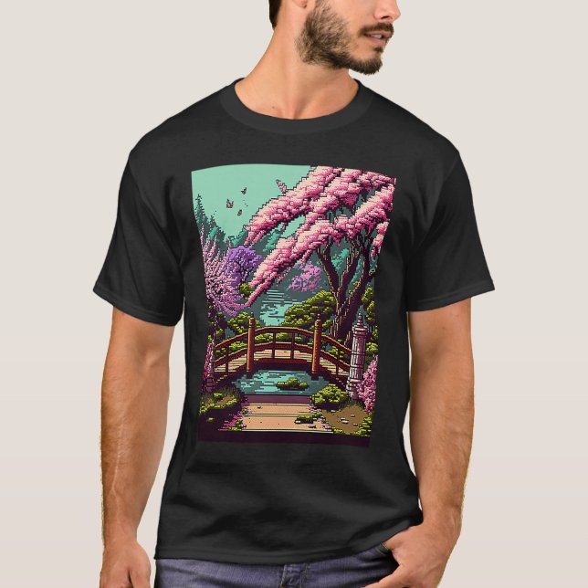 Cherry Blossom japanische Brücke Retro 16bit Video T-Shirt (Vorderseite)