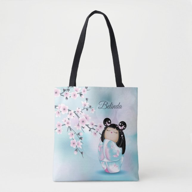 Cherry Blossom Kokeshi Doll Pink Türkis Name Tasche (Vorderseite)