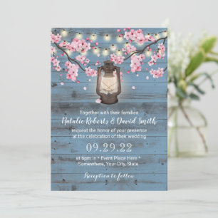 Cherry Blossom Lantern Dusty Blue Rustic Wedding Einladung