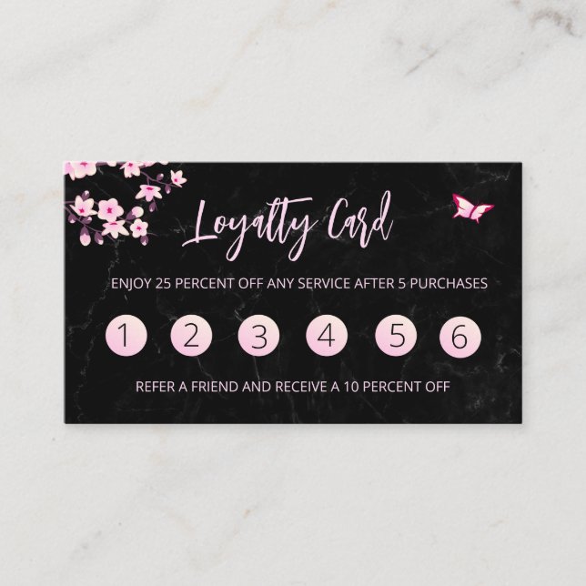 Cherry Blossom Loyalty Card Rosa Schwarzer Marmor Visitenkarte (Vorderseite)