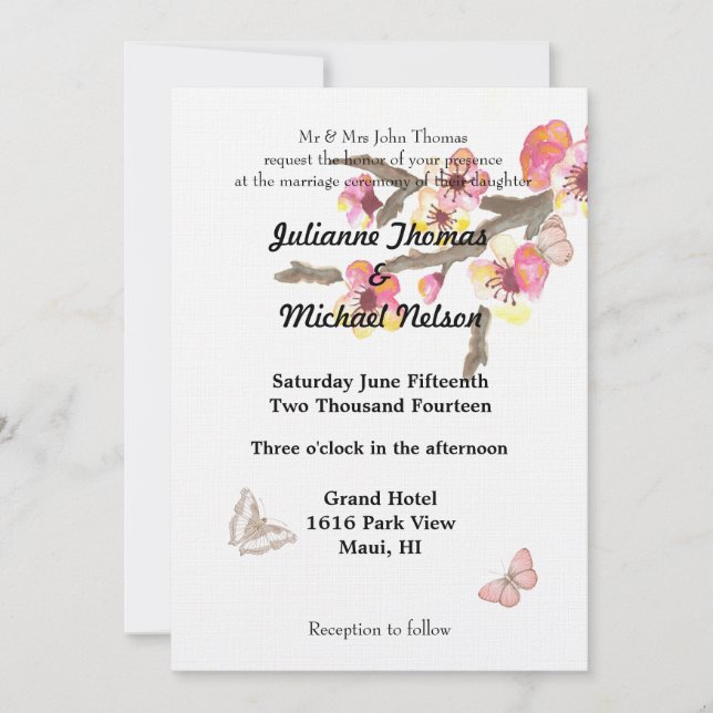 Cherry Blossom mit Butterflies Hochzeit Einladung (Vorderseite)