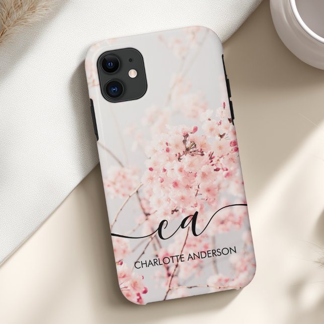 Cherry Blossom Monogram Elegant Custom Case-Mate iPhone Hülle (Cherry Blossom Monogram Elegant Custom Case-Mate iPhone Case with your Monogram, Name or Text.)