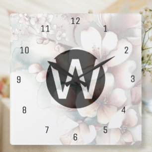 Cherry Blossom Monogram Wall Clock Quadratische Wanduhr