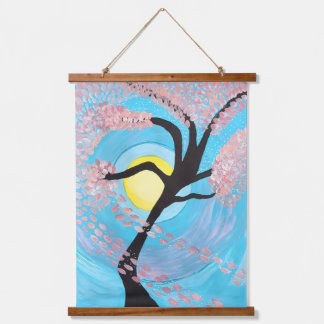 Cherry Blossom Moon Hand Painted Wall Tapestry Art Wandteppich Mit Holzrahmen