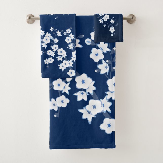 Cherry Blossom Navy Blue Badhandtuch Set (Insitu)