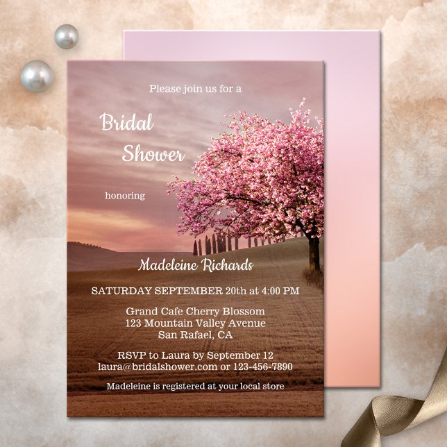Cherry Blossom Orchard Bridal Dusche Einladung (Bridal shower invitation featuring a fantasy landscape painting with a blossoming cherry tree)