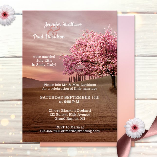 Cherry Blossom Orchard nach Hochzeit Einladung (After wedding party invitation featuring a romantic landscape with blossoming cherry trees)