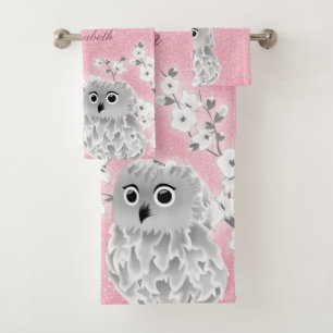 Cherry Blossom Owl White Pink Glitzer Monogram Badhandtuch Set
