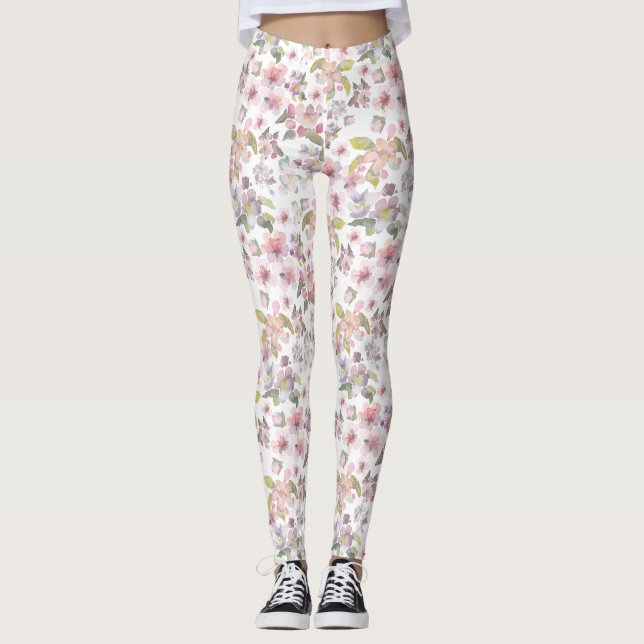 Cherry Blossom Pastel Pink Blume Grüne Blätter Leggings (Vorderseite)