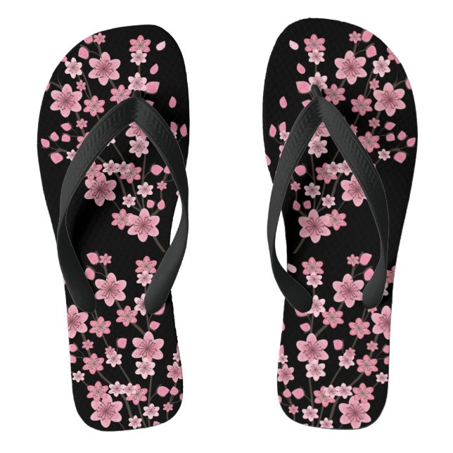 Cherry Blossom Petals Bäume Pink Black Flip Flops (Fußbett)