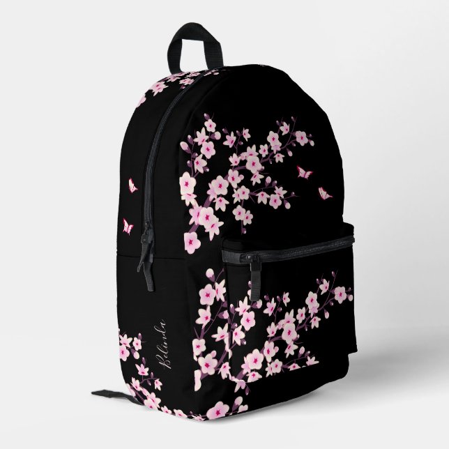 Cherry Blossom Pink Black Monogram Bedruckter Rucksack (Rückseitige Ecke links)
