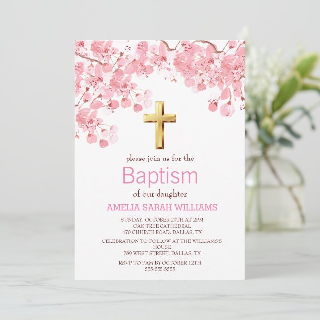 Cherry Blossom Pink Blumenkreuz Taufe Einladung (Stehend Vorderseite)