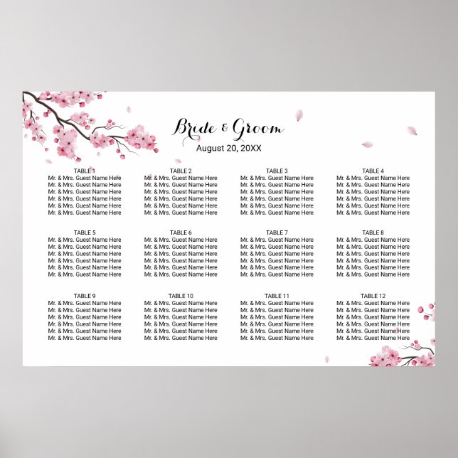Cherry Blossom Pink Floral Hochzeitstabelle Poster (Vorne)