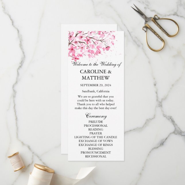 Cherry Blossom Pink Floral Wasserfarbe Hochzeit Programm (Vorderseite/Rückseite Beispiel)