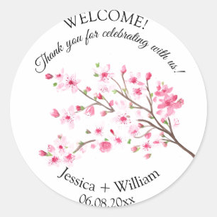 Cherry Blossom Pink Floral Wasserfarbe Hochzeit Runder Aufkleber