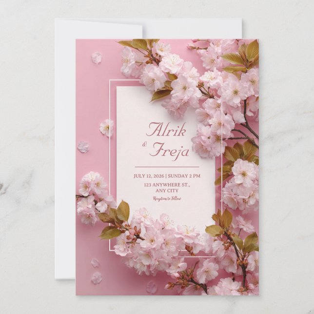 Cherry Blossom Pink Floral Wedding Einladung (Vorderseite)