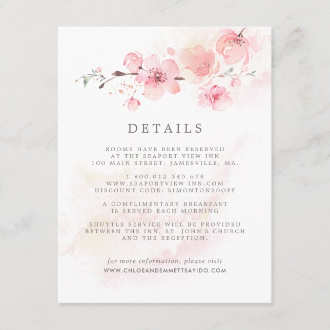Cherry Blossom Pink Floral Wedding Guest Details E Begleitkarte (Vorderseite)