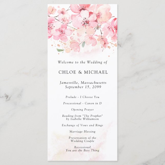 Cherry Blossom Pink Floral Wedding Programm (Vorderseite)