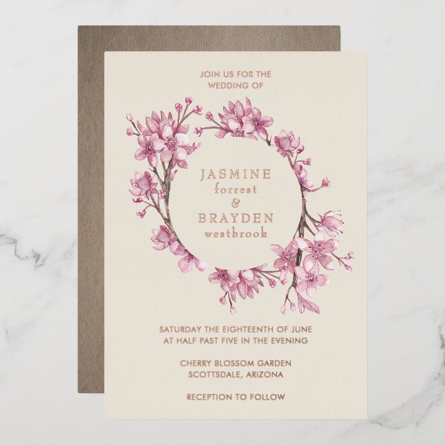 Cherry Blossom Pink Floral Wedding Rose Gold Folieneinladung (Vorderseite/Rückseite)
