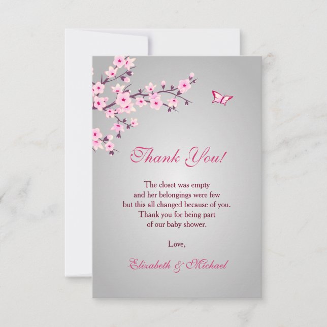 Cherry Blossom Pink Gray Baby Dusche Vielen Dank Dankeskarte (Vorderseite)
