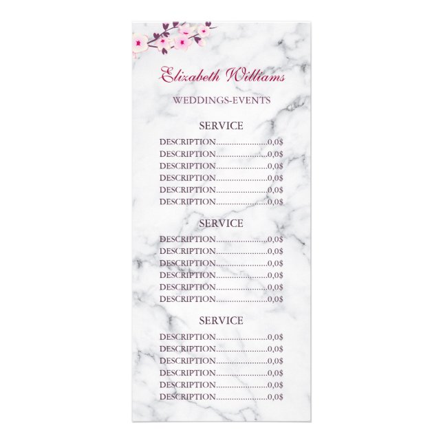 Cherry Blossom Pink Gray Marmor Service Preise Werbekarte (Vorne)