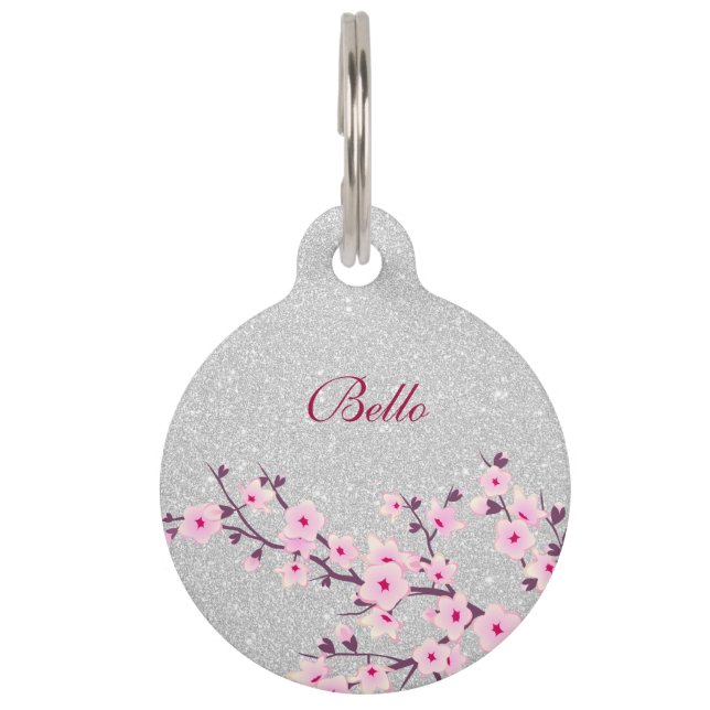 Cherry Blossom Pink Silver Glitzer Name Anschrift Haustiermarke (Vorderseite)