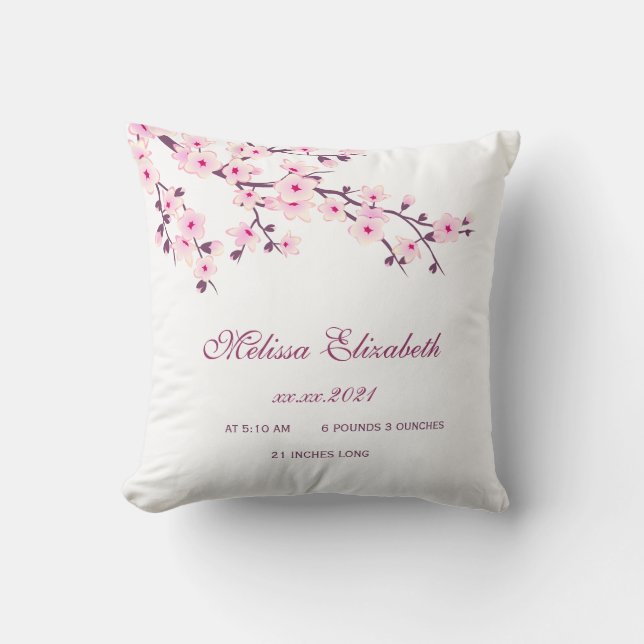 Cherry Blossom Pink White Baby Girl Birth Stats Kissen (Vorderseite)