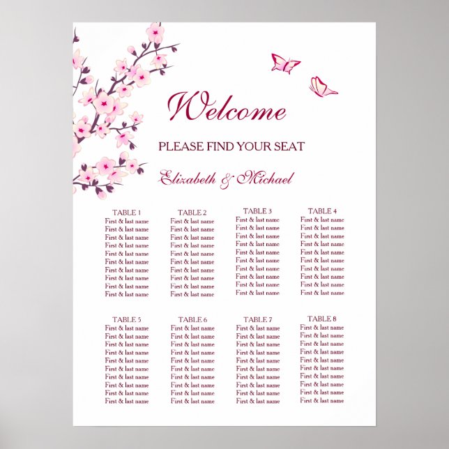 Cherry Blossom Pink White Wedding Chart Poster (Vorne)