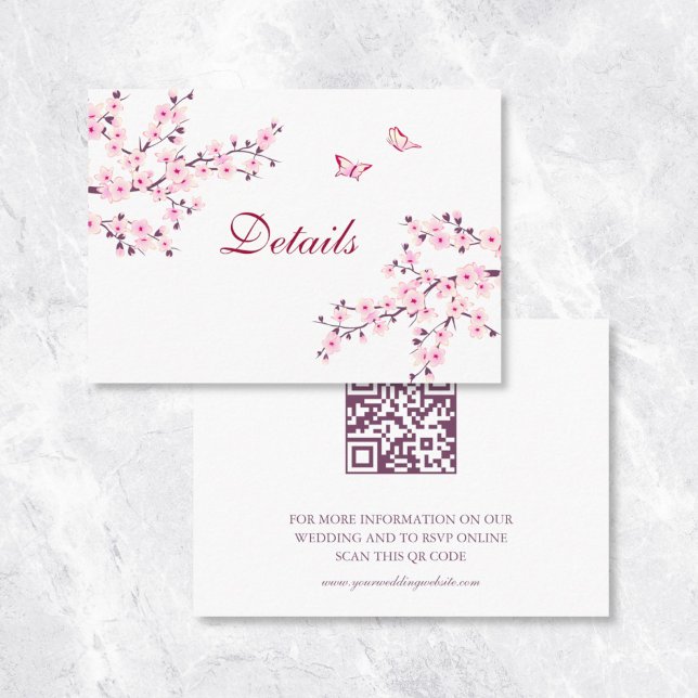 Cherry Blossom Pink White Wedding QR Code Details Begleitkarte (Von Creator hochgeladen)