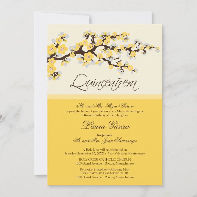 Cherry Blossom Quinceanera Invitation (gelb) Einladung (Vorderseite)
