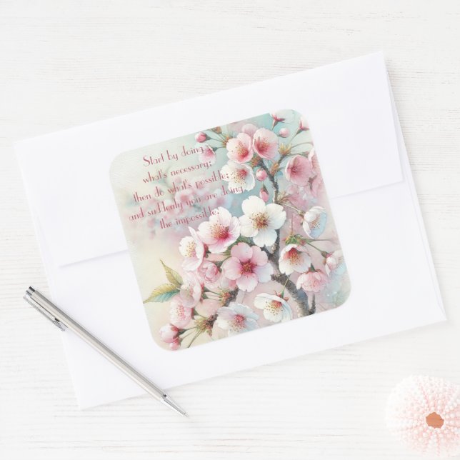 Cherry Blossom & Quote Quadratischer Aufkleber (Umschlag)