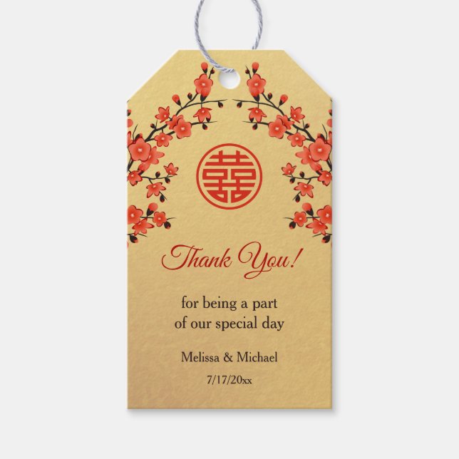Cherry Blossom Red Gold Chinese Wedding Geschenkanhänger (Vorderseite)