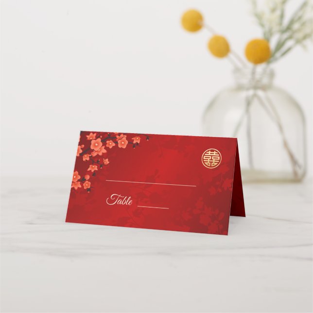 Cherry Blossom Red Gold | Chinesische Hochzeit Platzkarte (Vorderseite)