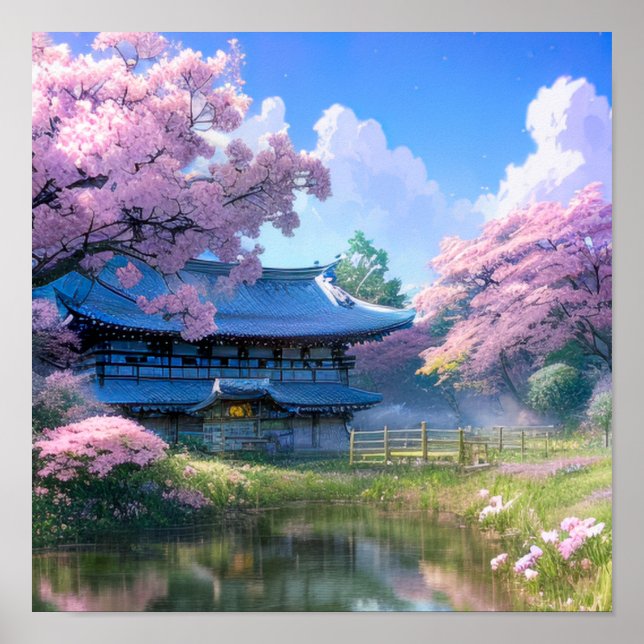 Cherry Blossom Retreat, Haven by Pond Poster (Vorne)