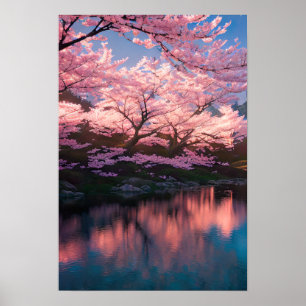 Cherry Blossom Riverbank Poster