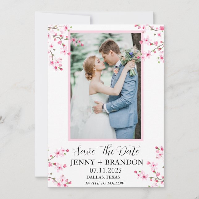 Cherry Blossom Rosa Elegantes Modernes Foto Save The Date (Vorderseite)
