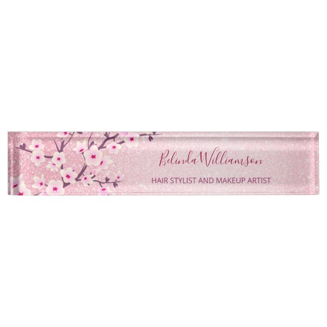 Cherry Blossom Rosa Glitzer Haare und Schminke Namensplakette (Vorderseite)