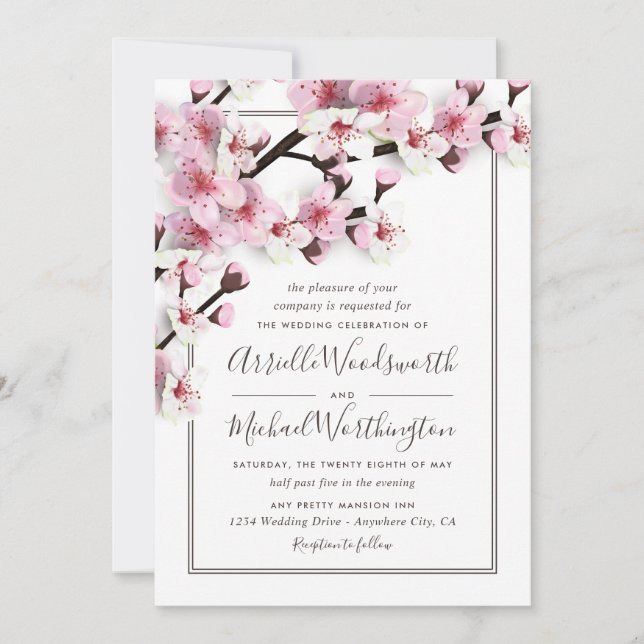 Cherry Blossom rose blanc mariage Invitations (Devant)