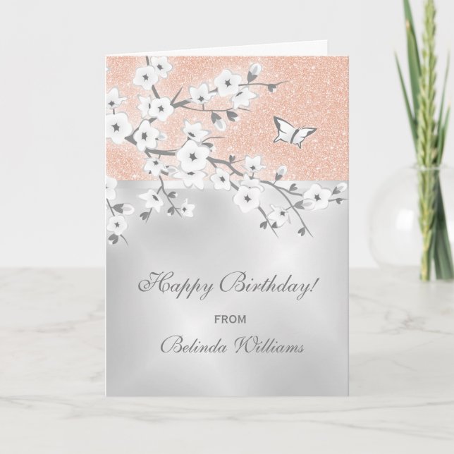 Cherry Blossom Rose Gold Glitzer Silver Birthday Karte (Vorderseite)