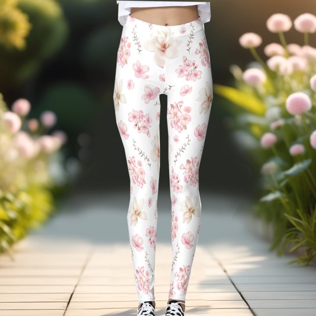 Cherry Blossom Sacura Muster Weißrosa Blütenmuster Leggings (Cherry Blossom Sacura Pattern White Pink Floral Leggings)