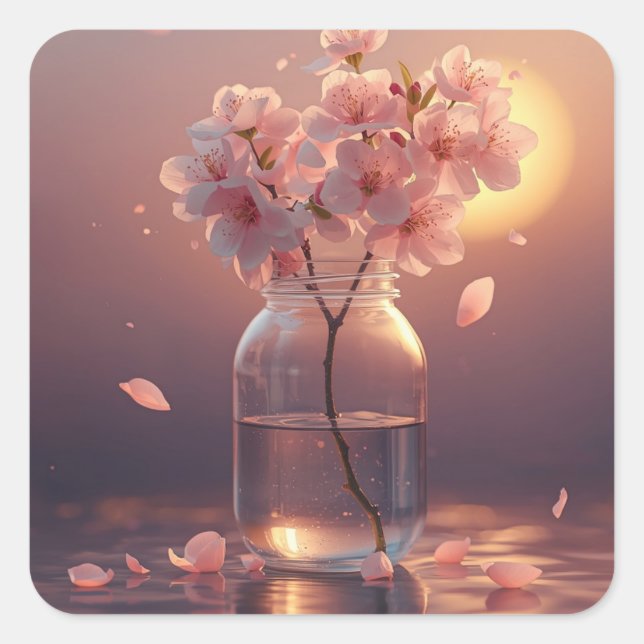 Cherry Blossom Serenity – Elegant Sakura Branch in Quadratischer Aufkleber (Vorderseite)