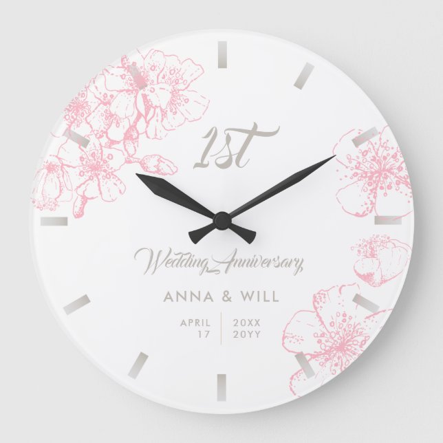 Cherry Blossom Sketch Moderne Hochzeit Jahrestag Große Wanduhr (Vorderseite)