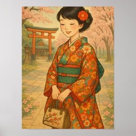 Cherry Blossom Spaziergang - Japanisches Mädchen i Poster