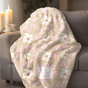 Cherry Blossom Spring Monogram Pink Fleecedecke