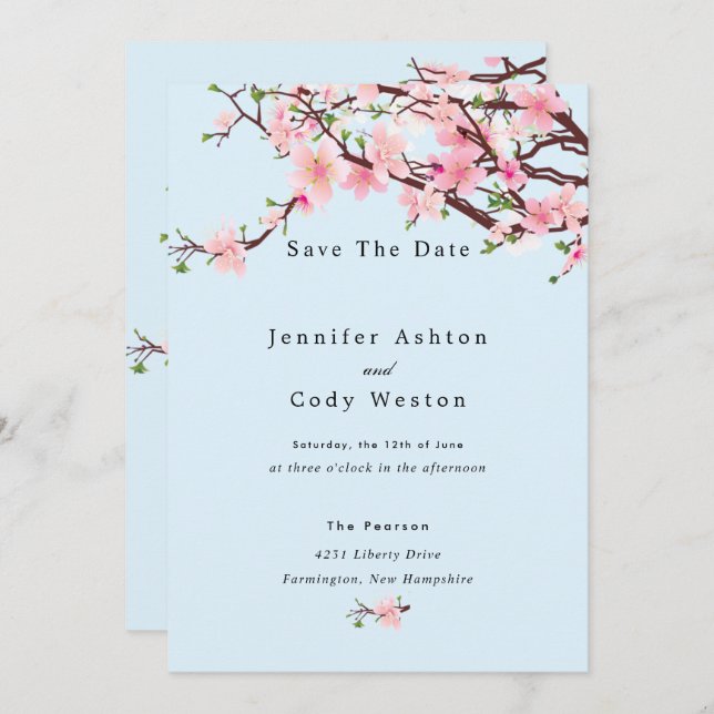 Cherry Blossom Spring Wedding Save the Date Blue (Vorne/Hinten)