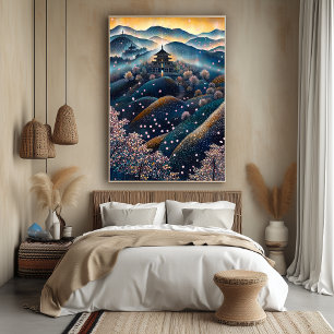 Cherry Blossom Tempel im Pointillist-Stil Poster