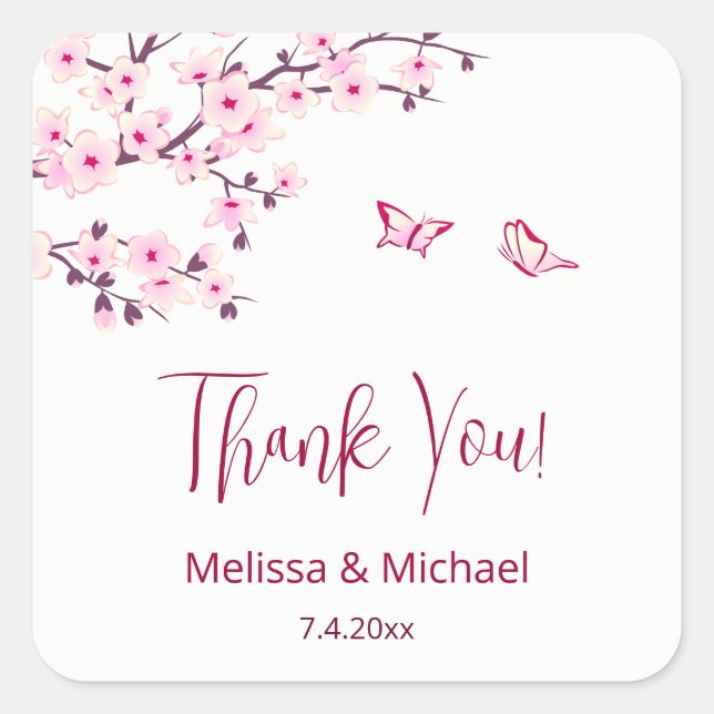 Cherry Blossom Thank You Wedding Favor   Quadratischer Aufkleber (Vorderseite)