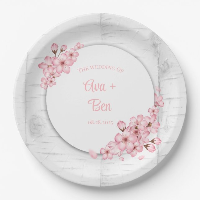 Cherry Blossom Tree Bark Wedding Pappteller (Vorderseite)