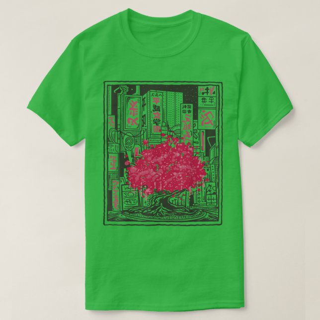 Cherry Blossom Tree City Sakura Anime Grafische Ku T-Shirt (Design vorne)